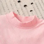 4pcs Kid Girl 95% Cotton Ribbed Solid Long-sleeve Top and Plaid Belted Skirt & Hat & Scarf Set Pink image 3