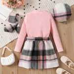 4pcs Kid Girl 95% Cotton Ribbed Solid Long-sleeve Top and Plaid Belted Skirt & Hat & Scarf Set  image 2