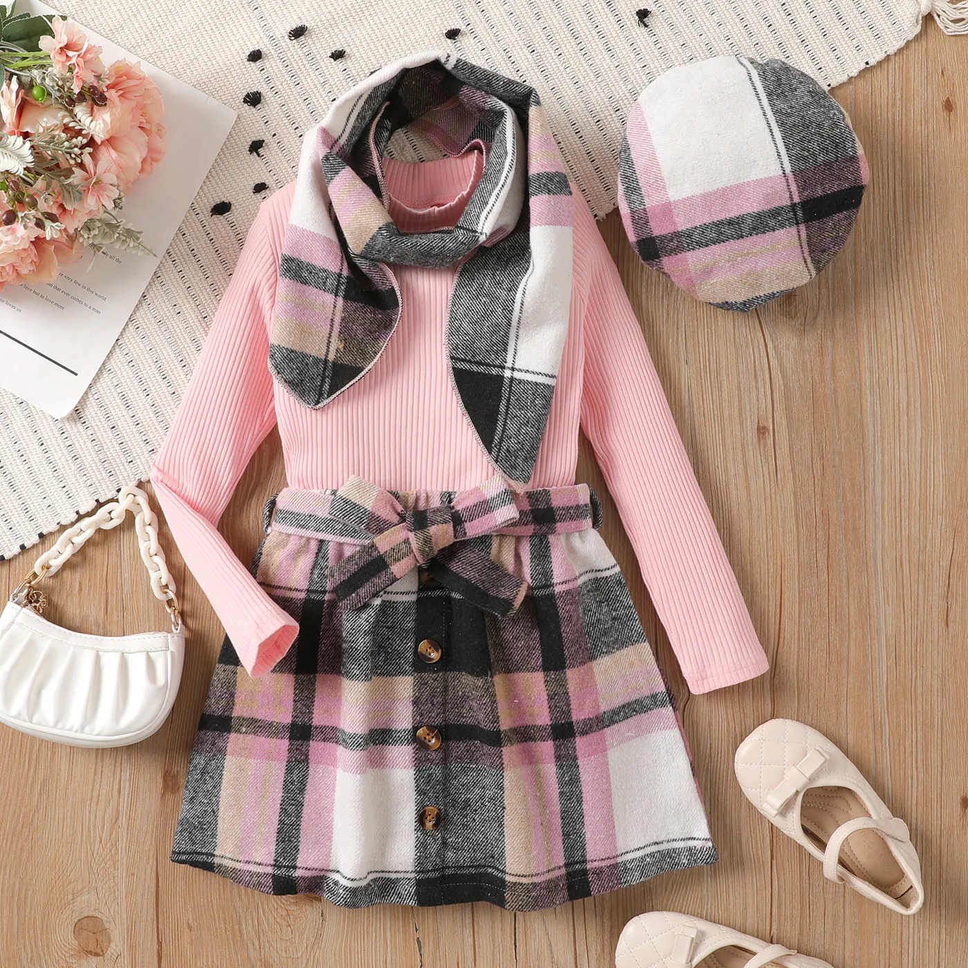 4pcs Kid Girl 95% Cotton Ribbed Solid Long-sleeve Top and Plaid Belted Skirt & Hat & Scarf Set