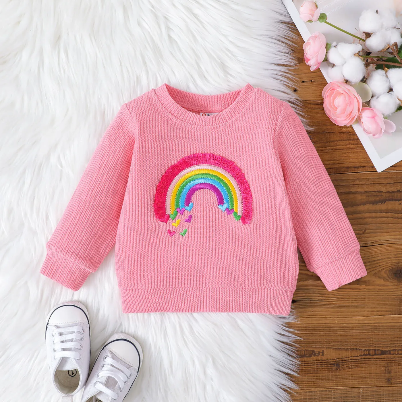 Baby Girl/Boy Rainbow Embroidered Textured Pullover Sweatshirt