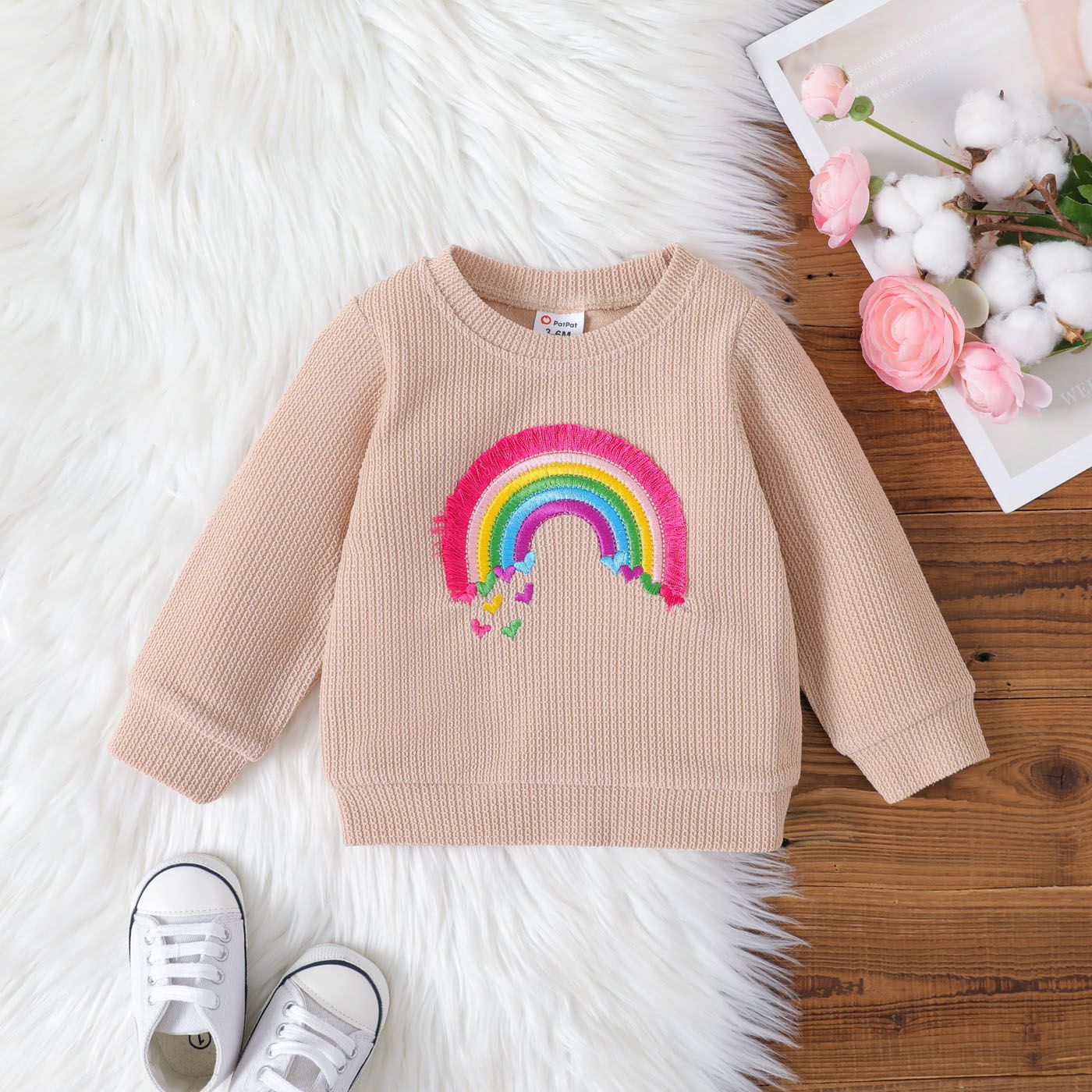 Baby Girl/Boy Rainbow Embroidered Textured Pullover Sweatshirt