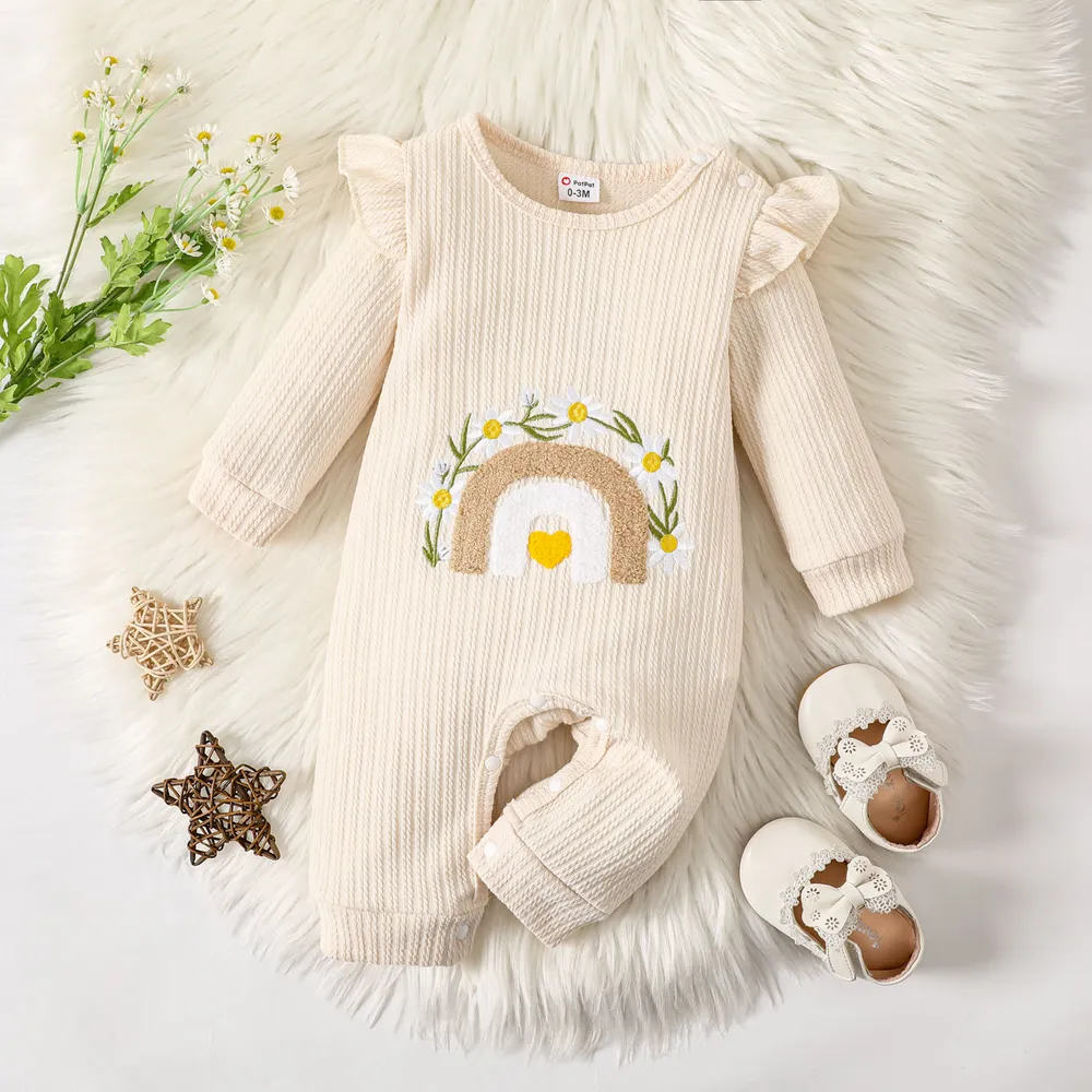 Baby Girl Rainbow Embroidered Ruffled Long-sleeve Jumpsuit big image 1