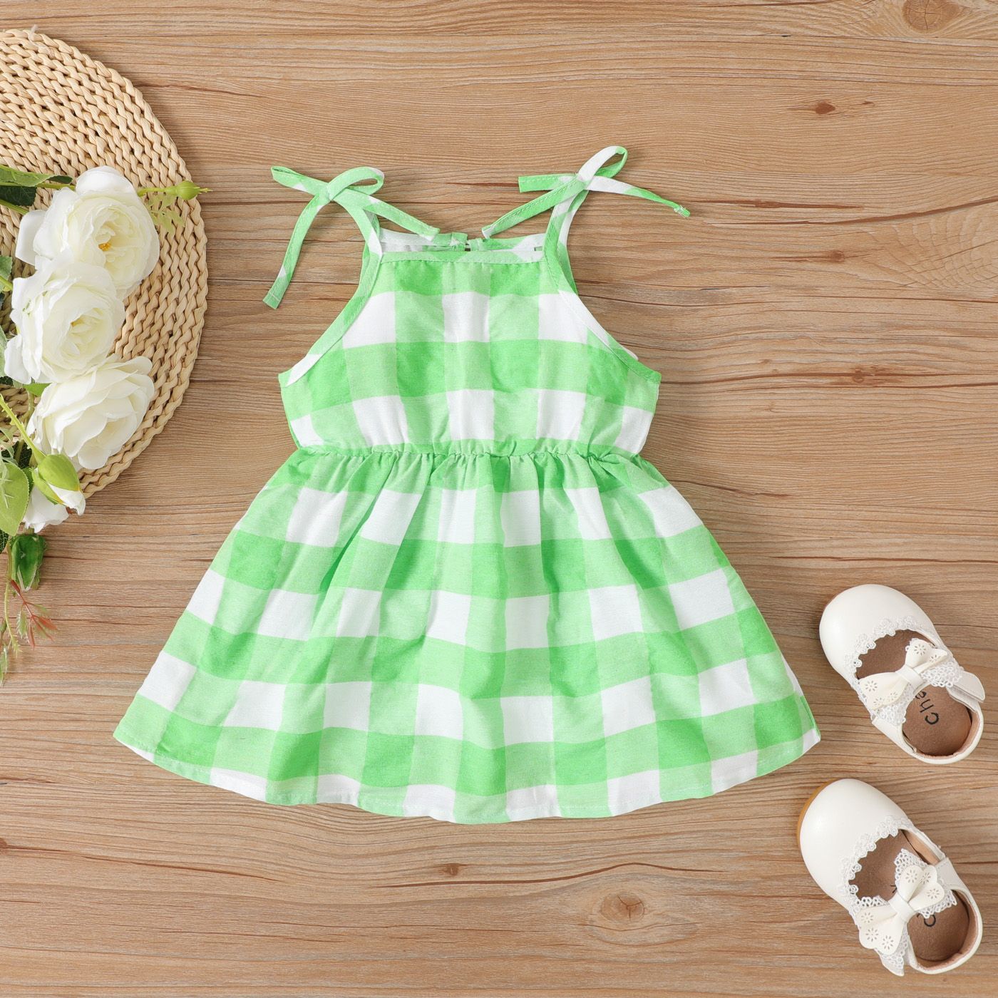 

Baby Girl Green Plaid Tie Shoulder Cami Dress