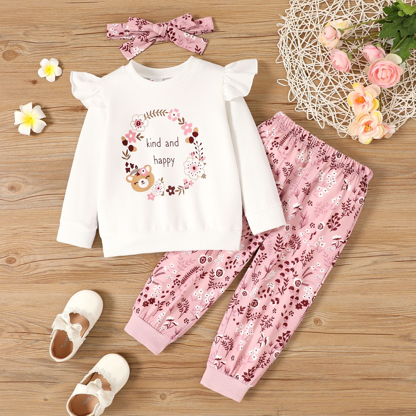 3pcs Toddler Girl Letters Floral Print Ruffle Long-sleeve Top and Pants & Headband Set