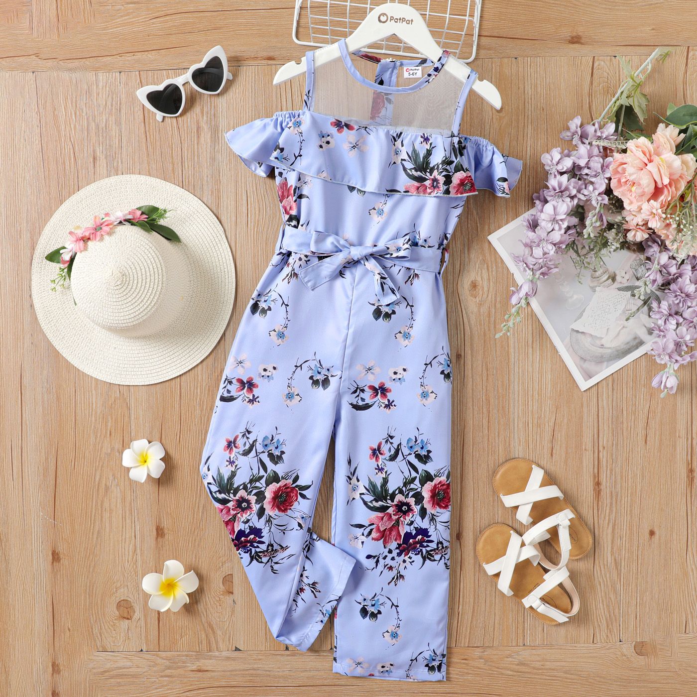 Kid Girl Allover Floral Print Ruffle Mesh Belted Jumpsuit