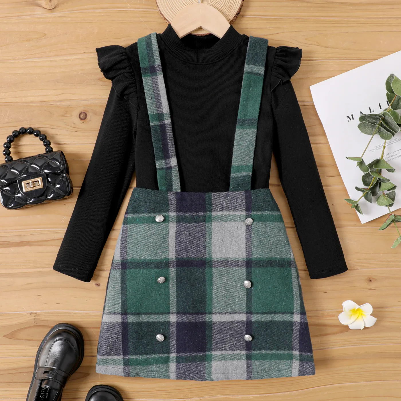 2pcs Kid Girl Ribbed Ruffle Long-sleeve Top and Plaid Strappy Skirt Set Black big image 1