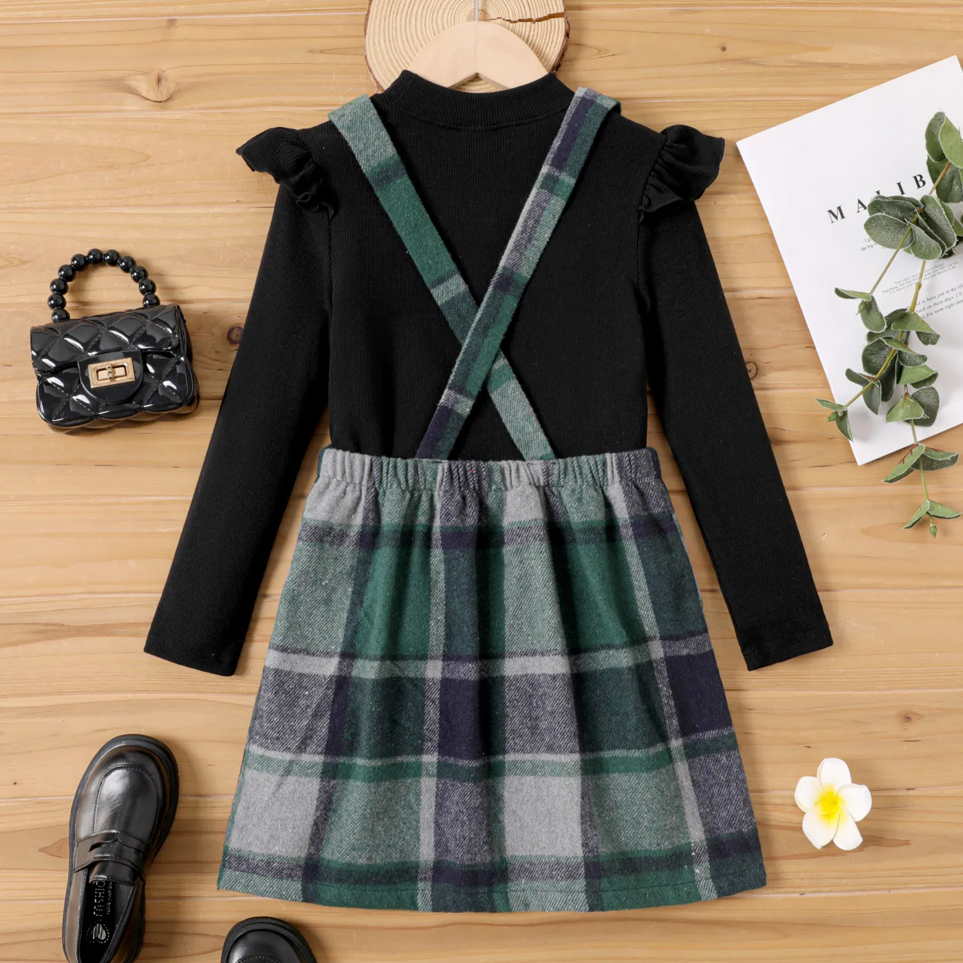 2pcs Kid Girl Ribbed Ruffle Long-sleeve Top and Plaid Strappy Skirt Set Black image 5
