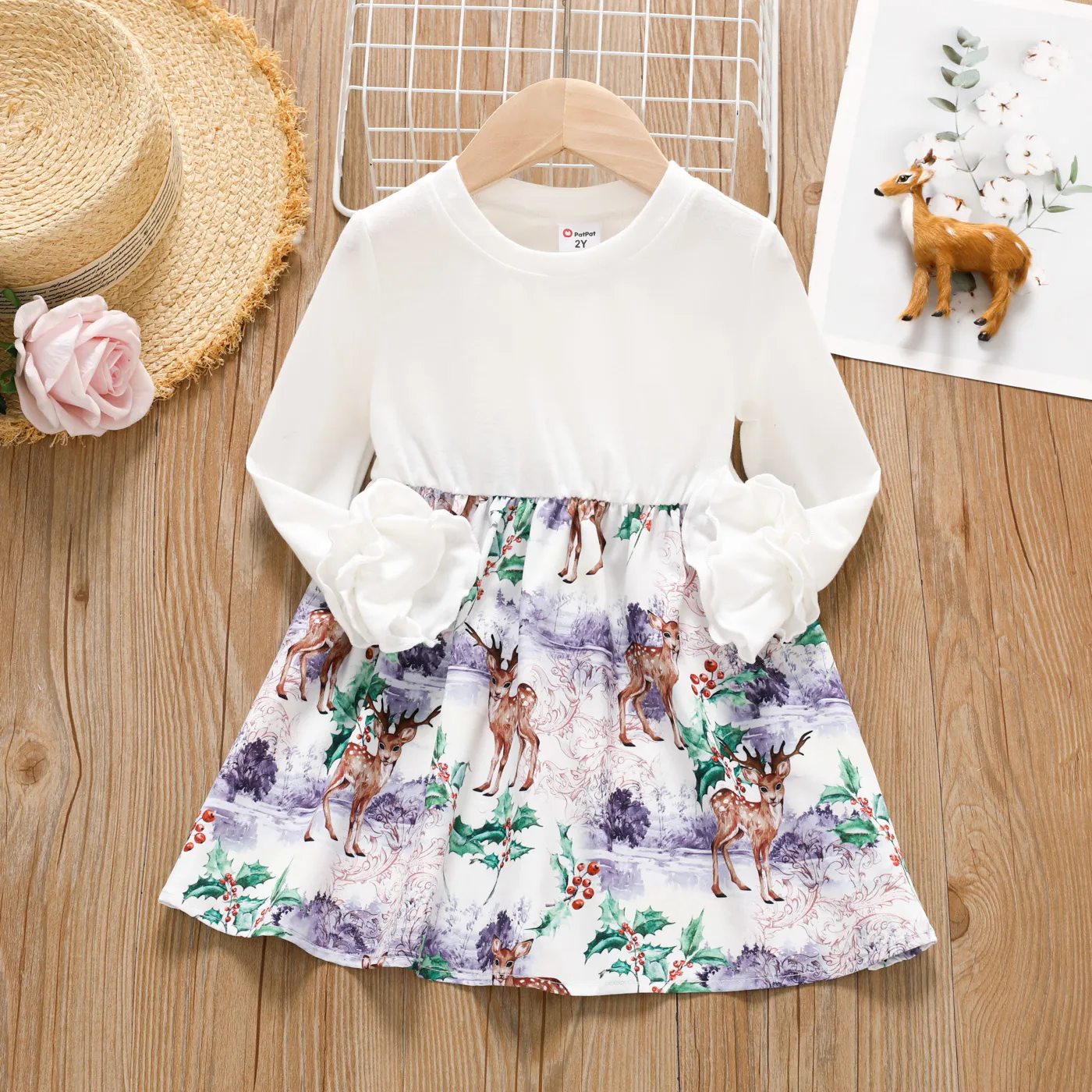 Toddler Girl Deer Ruffle Edge Dress Apricot big image 1