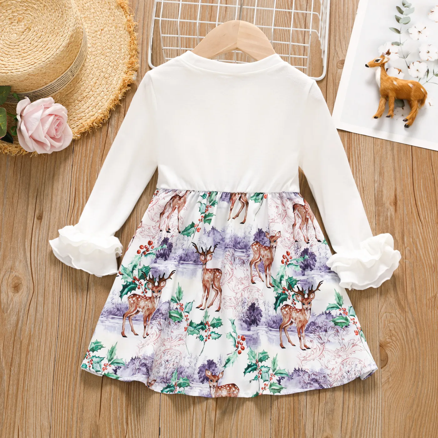 Toddler Girl Deer Ruffle Edge Dress Apricot image 2