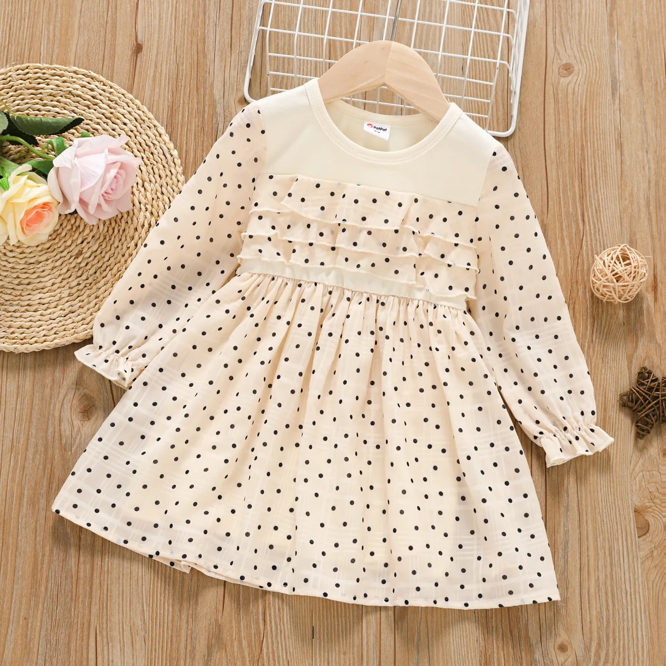 Toddler Girl Polka Dots Pattern Ruffle Trim Long-sleeve Dress   big image 1
