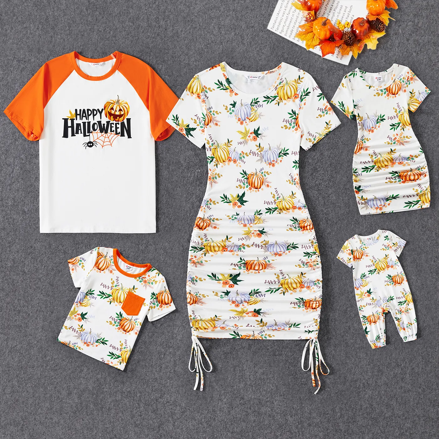 Halloween Family Drawstring Ruched Bodycon Pumpkin Dresses And Short Sleeve Tops Sets