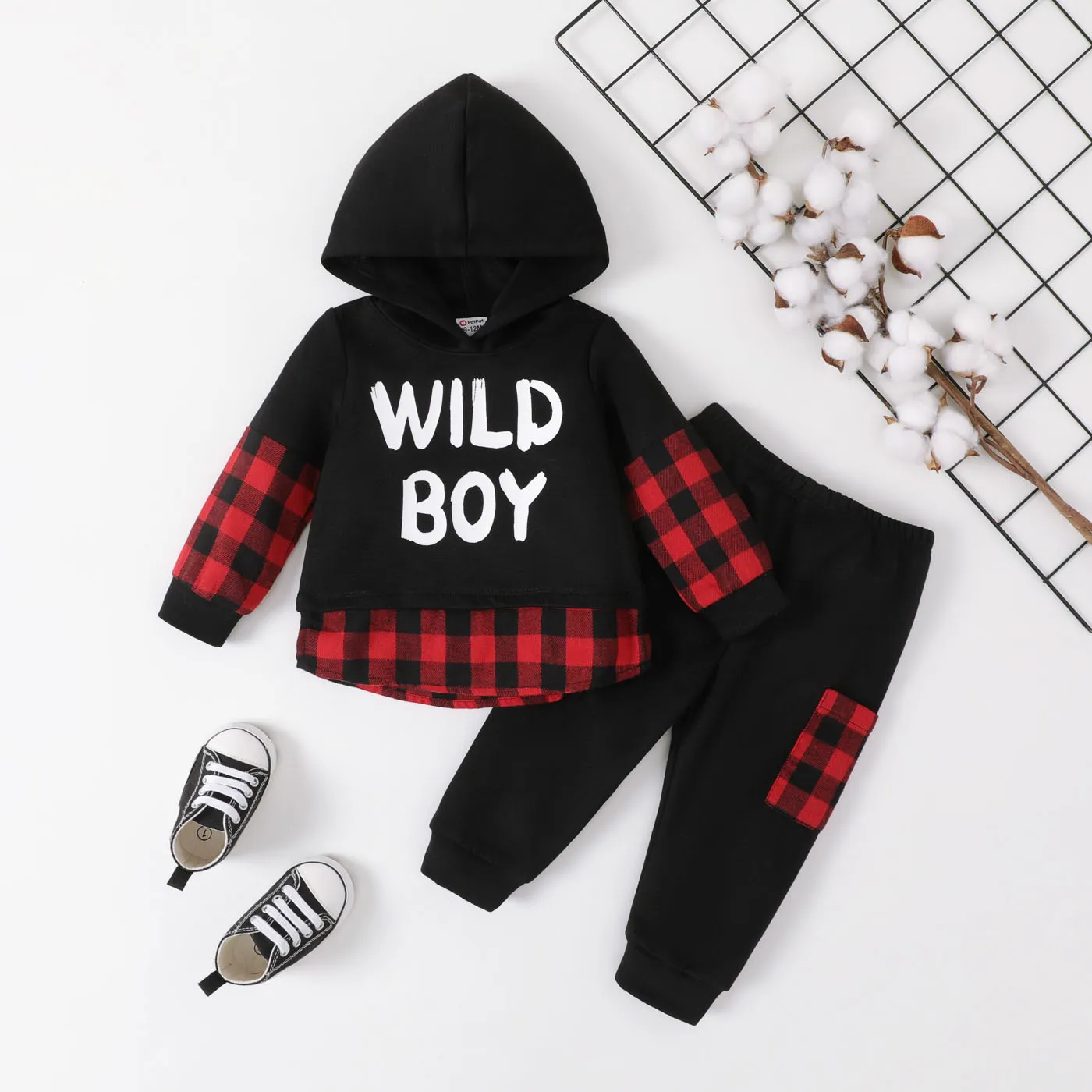 2pcs Baby Boy Letters Print Plaid Hoodie and Pants Set   big image 1