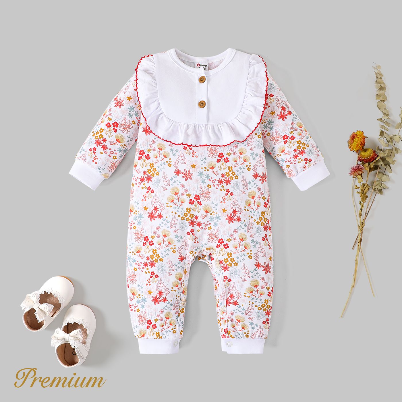 Baby Girl Allover Floral Print Long-sleeve Ruffled Jumpsuit