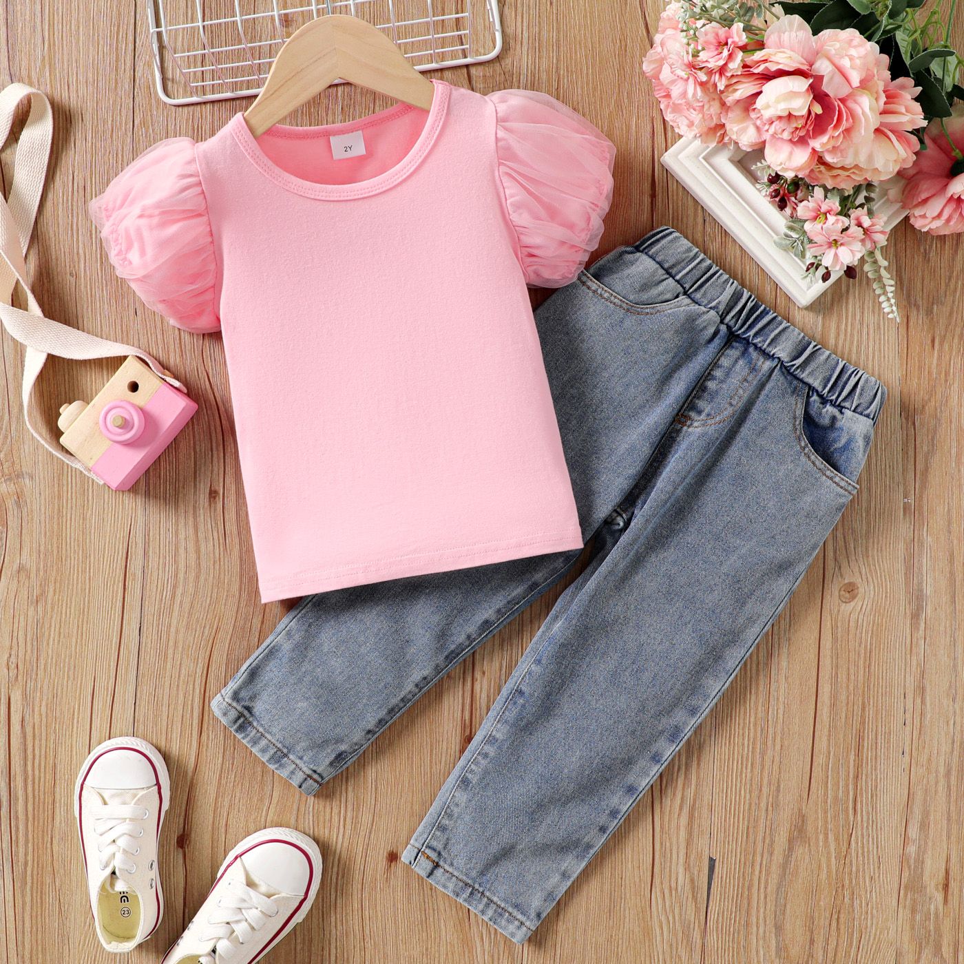 2pcs Toddler Girl Puff-sleeve Solid Tee And Pockets Jeans Set