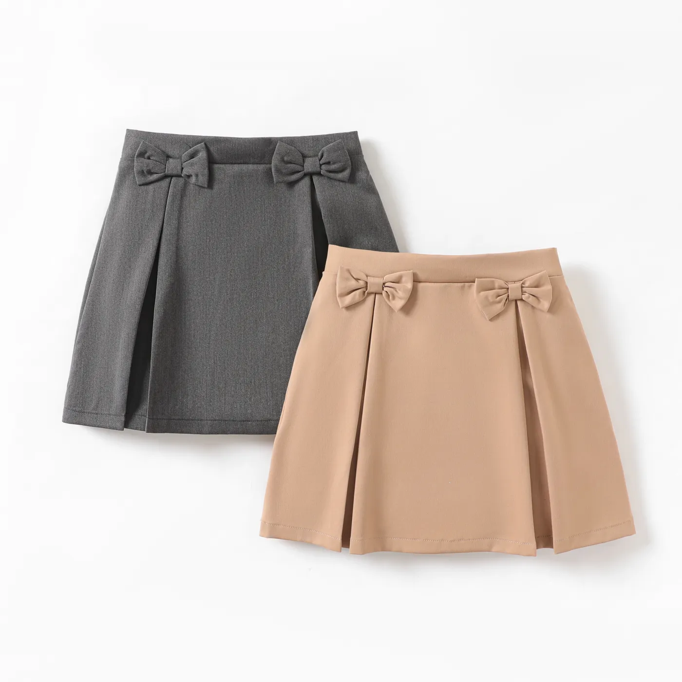 Kid Girl Bow Decor Solid Pleated Skirt  Dark Grey image 2