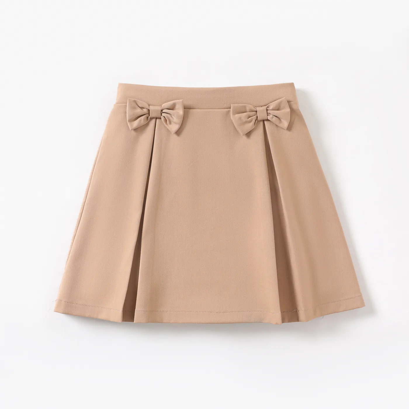 Kid Girl Bow Decor Solid Pleated Skirt  Khaki