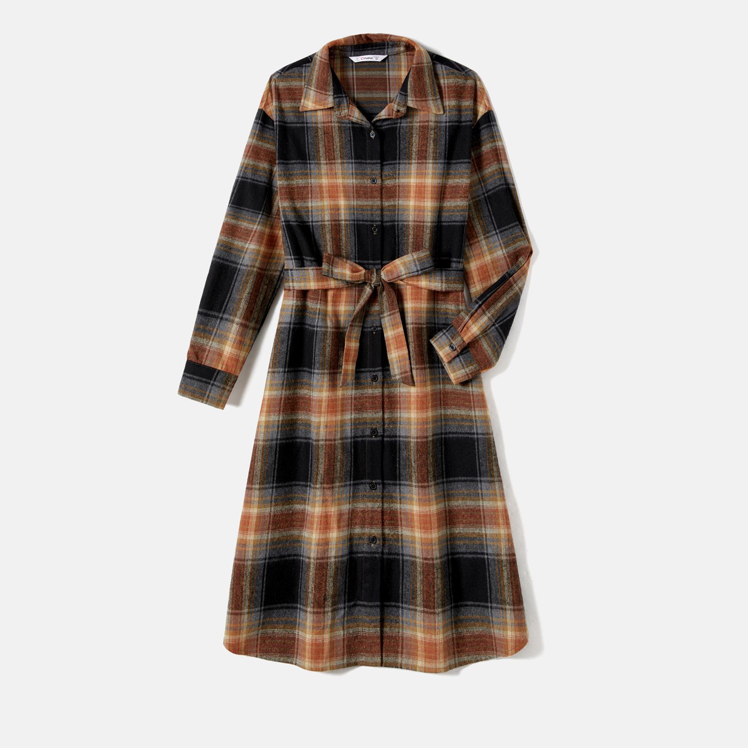 Family Matching Long Sleeve Plaid Belted Dresses And Plaid Tops Sets