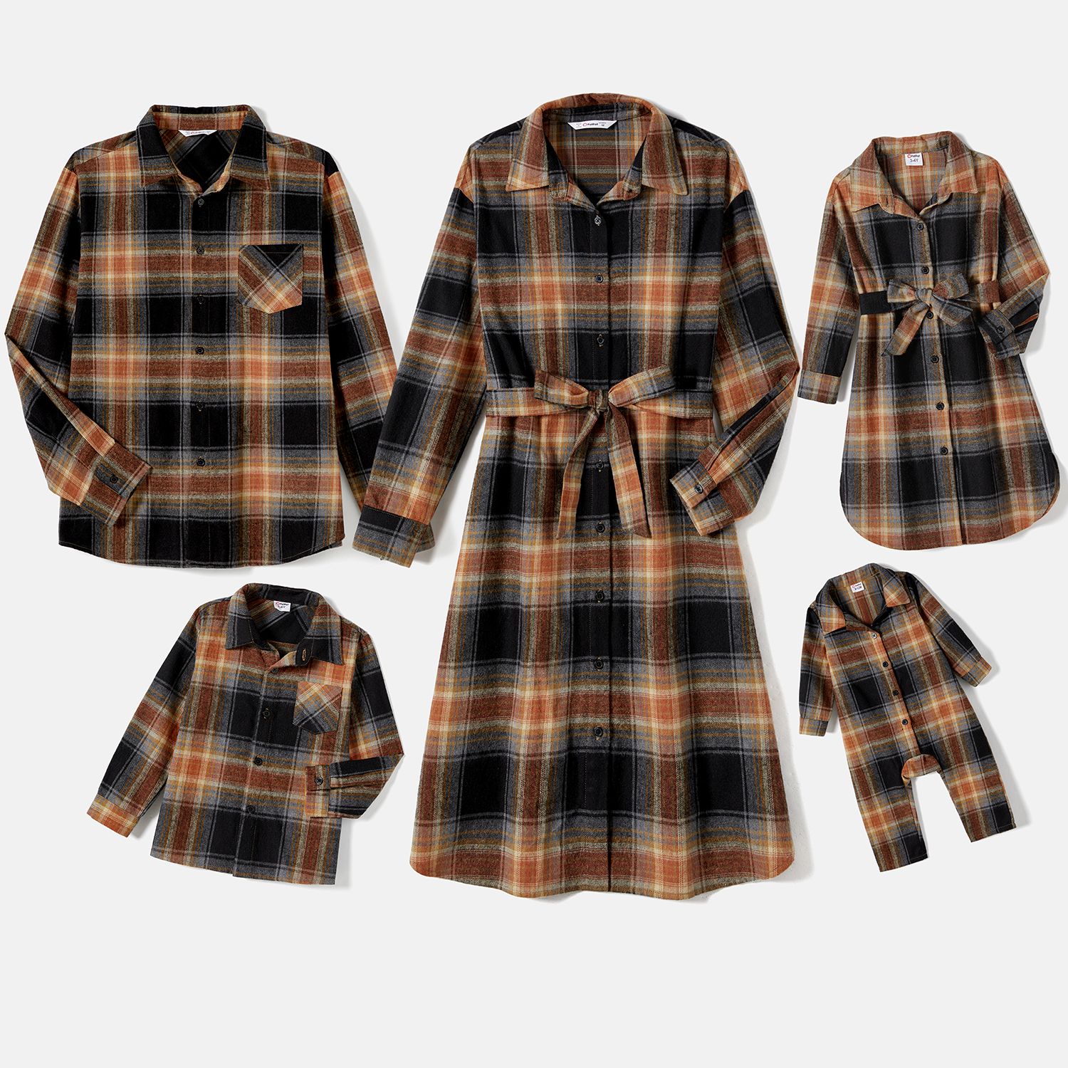 Family Matching Long Sleeve Plaid Belted Dresses And Plaid Tops Sets