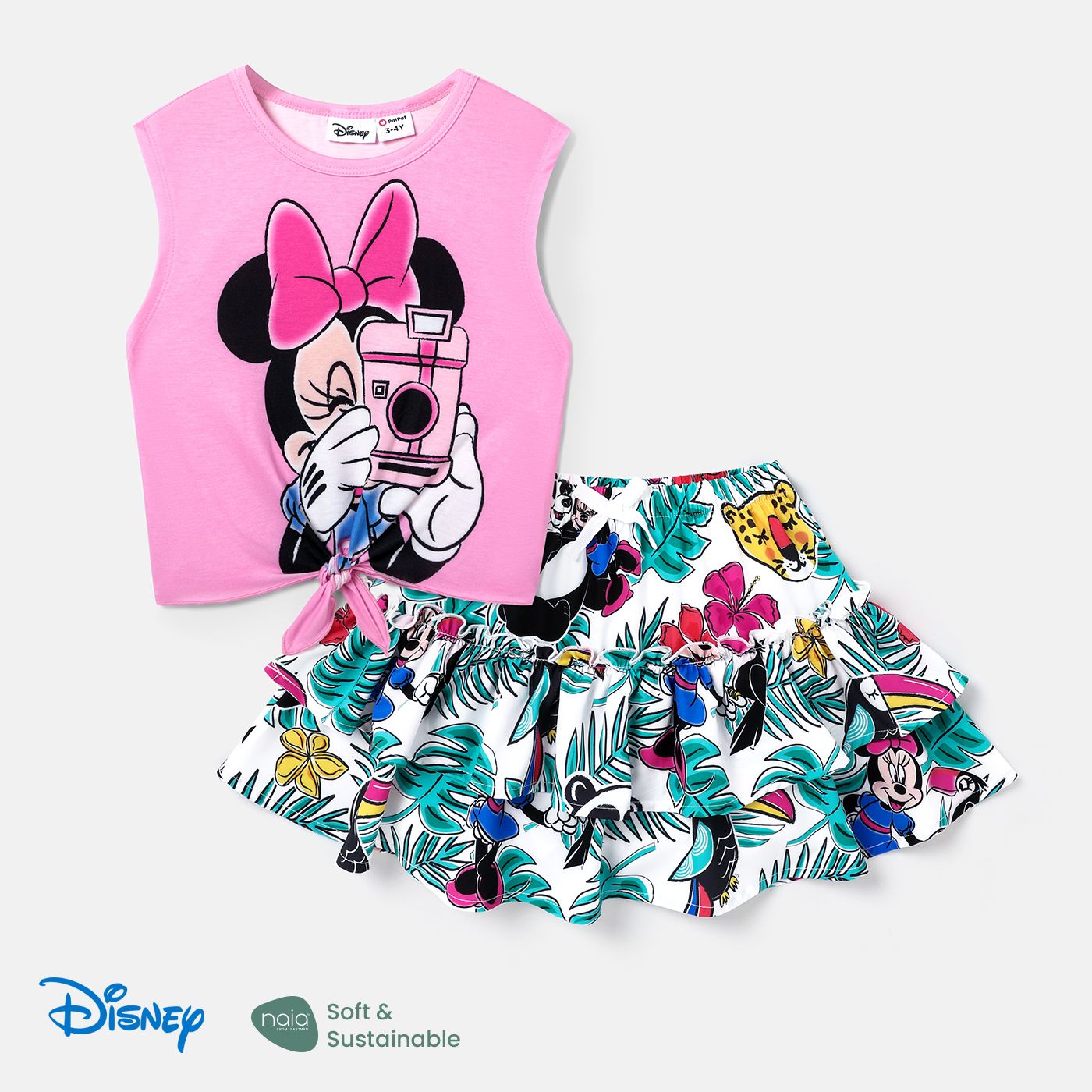 

Disney Mickey and Friends Toddler Girl 2pcs Naia™ Character Print Knot Hem Tank Top and Plant Animal Print Skirt Set