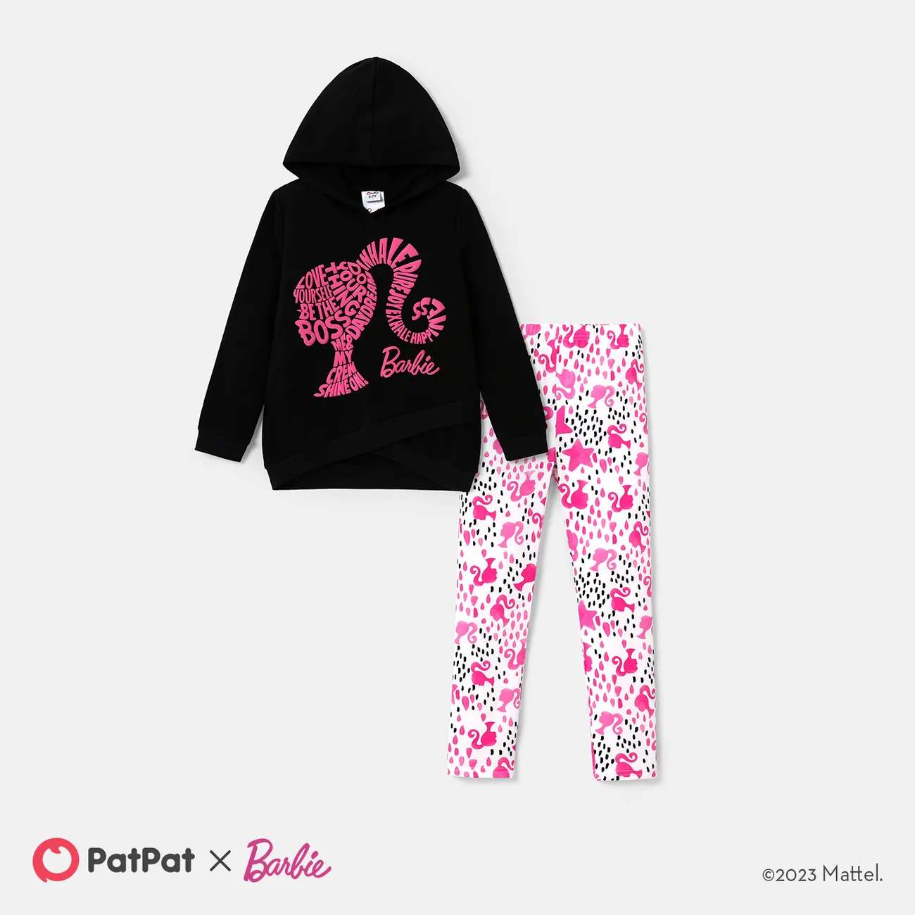 Barbie Kid Girl 2pcs Letter Figure Print Long-sleeve Hoodie and Stars Print Leggings Set big image 1