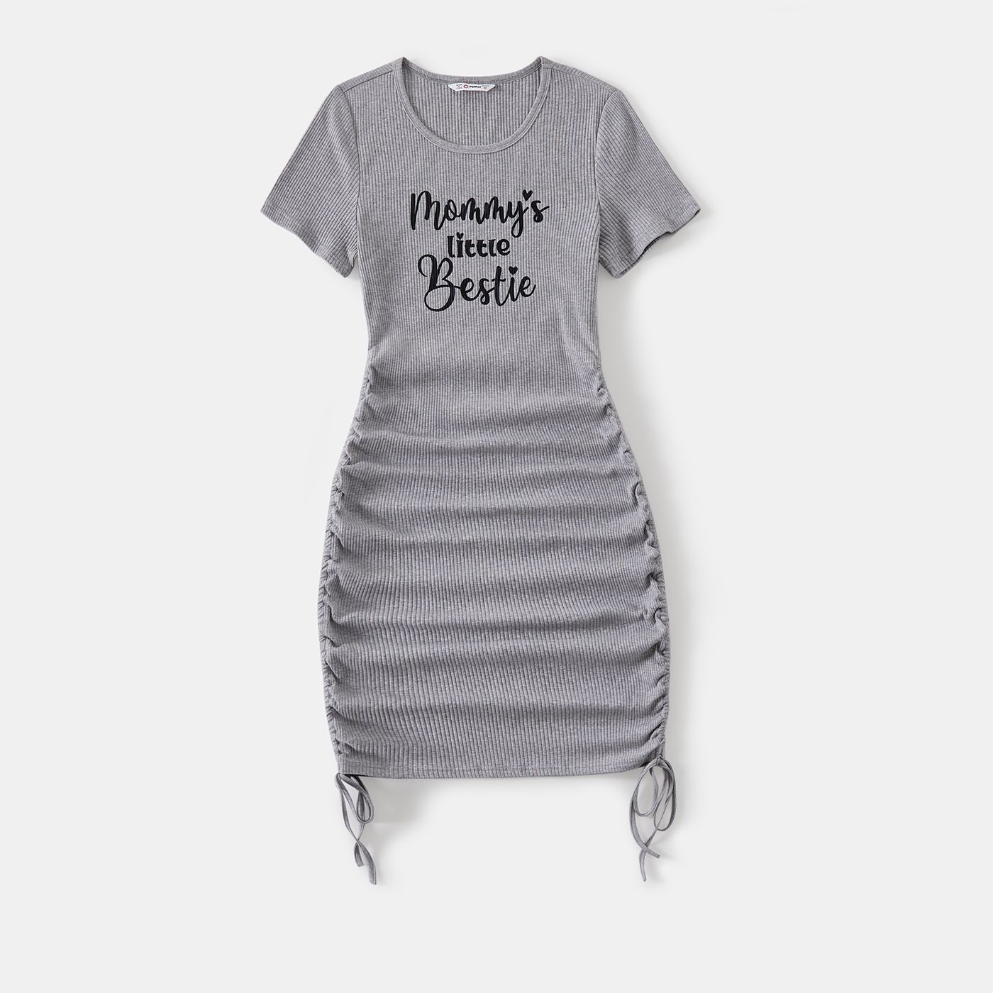 

Family Matching Letter Print Drawstring Ruched Side Short-sleeve Dresses and Cotton Colorblock T-shirts Sets