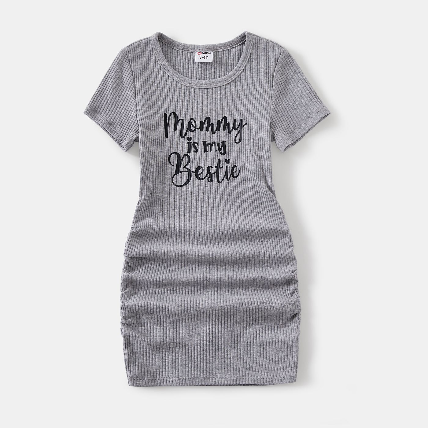 Family Matching Letter Print Drawstring Ruched Side Short-sleeve Dresses and Cotton Colorblock T-shi