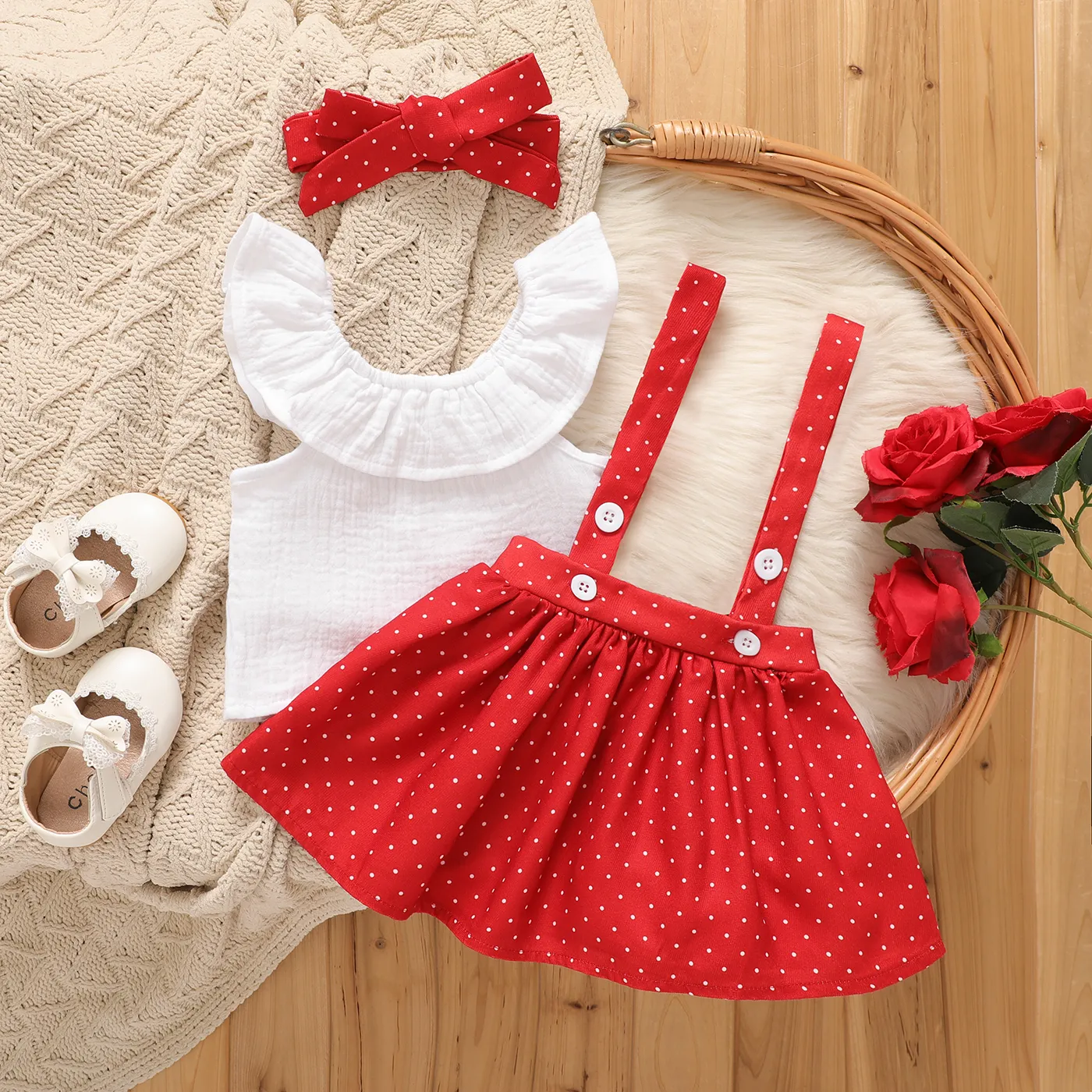 3pcs Baby Girl 100% Cotton Ruffled Tank Top & Dots Suspender Skirt & Headband Set   image 2