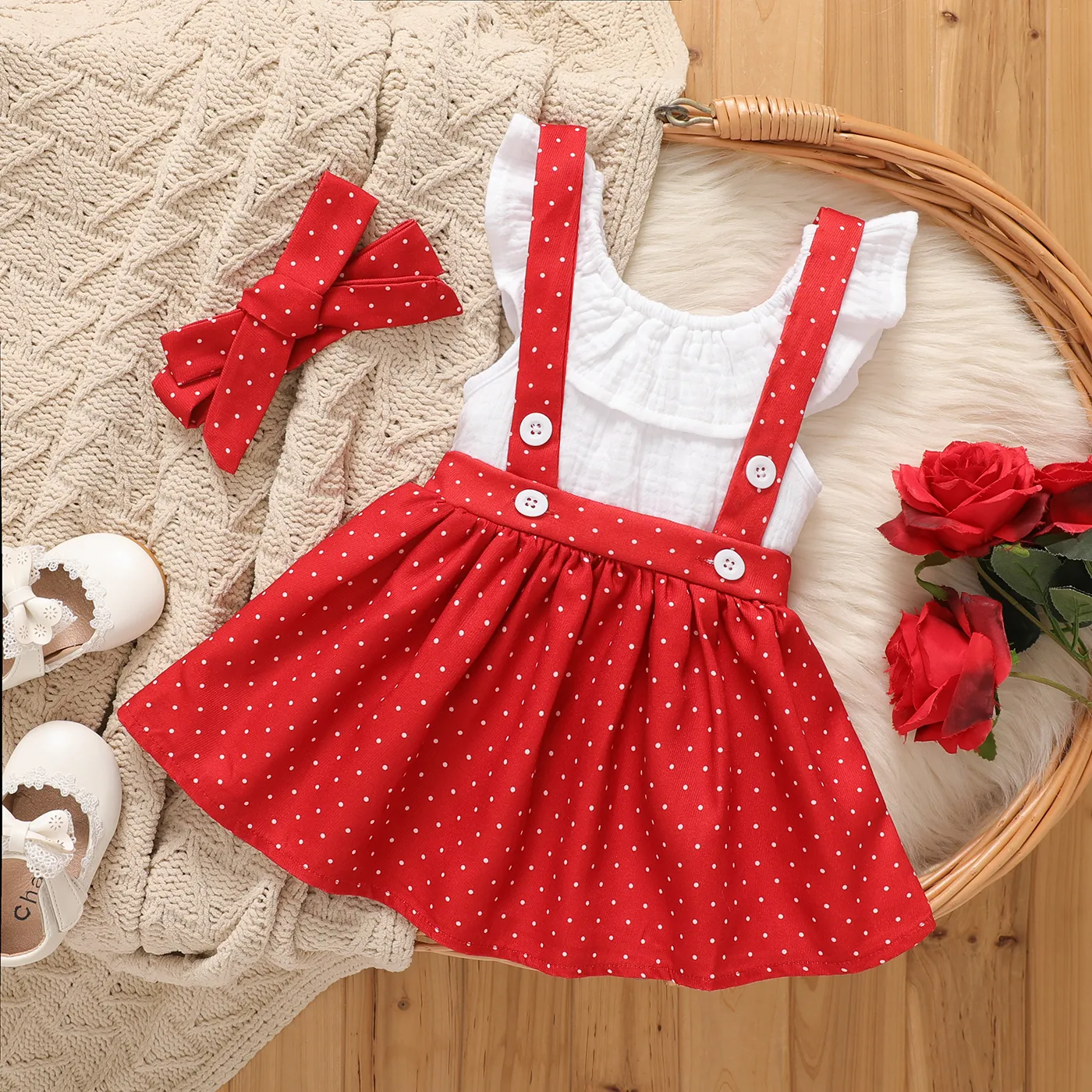 

3pcs Baby Girl 100% Cotton Ruffled Tank Top & Dots Suspender Skirt & Headband Set