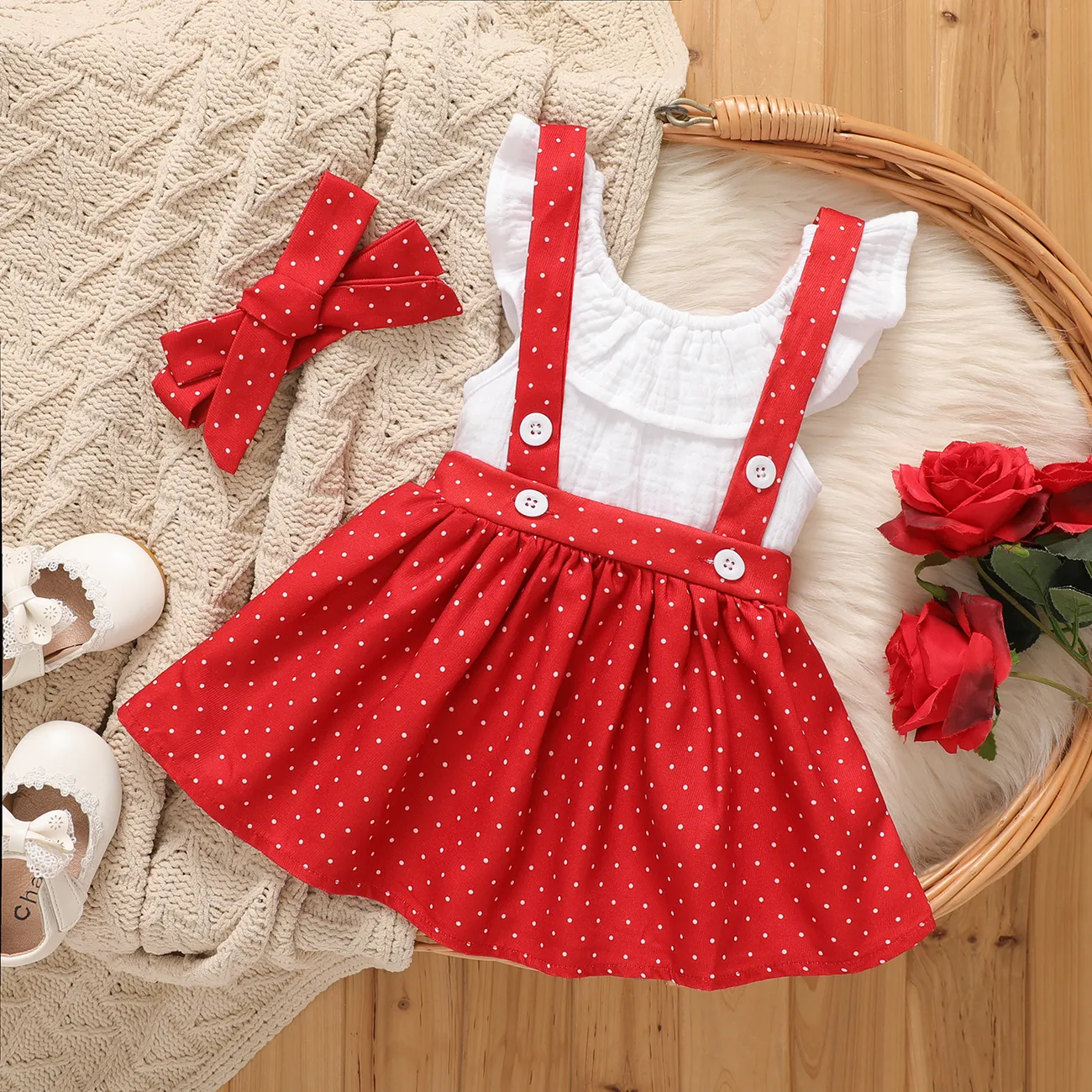 3pcs Baby Girl 100% Cotton Ruffled Tank Top & Dots Suspender Skirt & Headband Set   big image 1