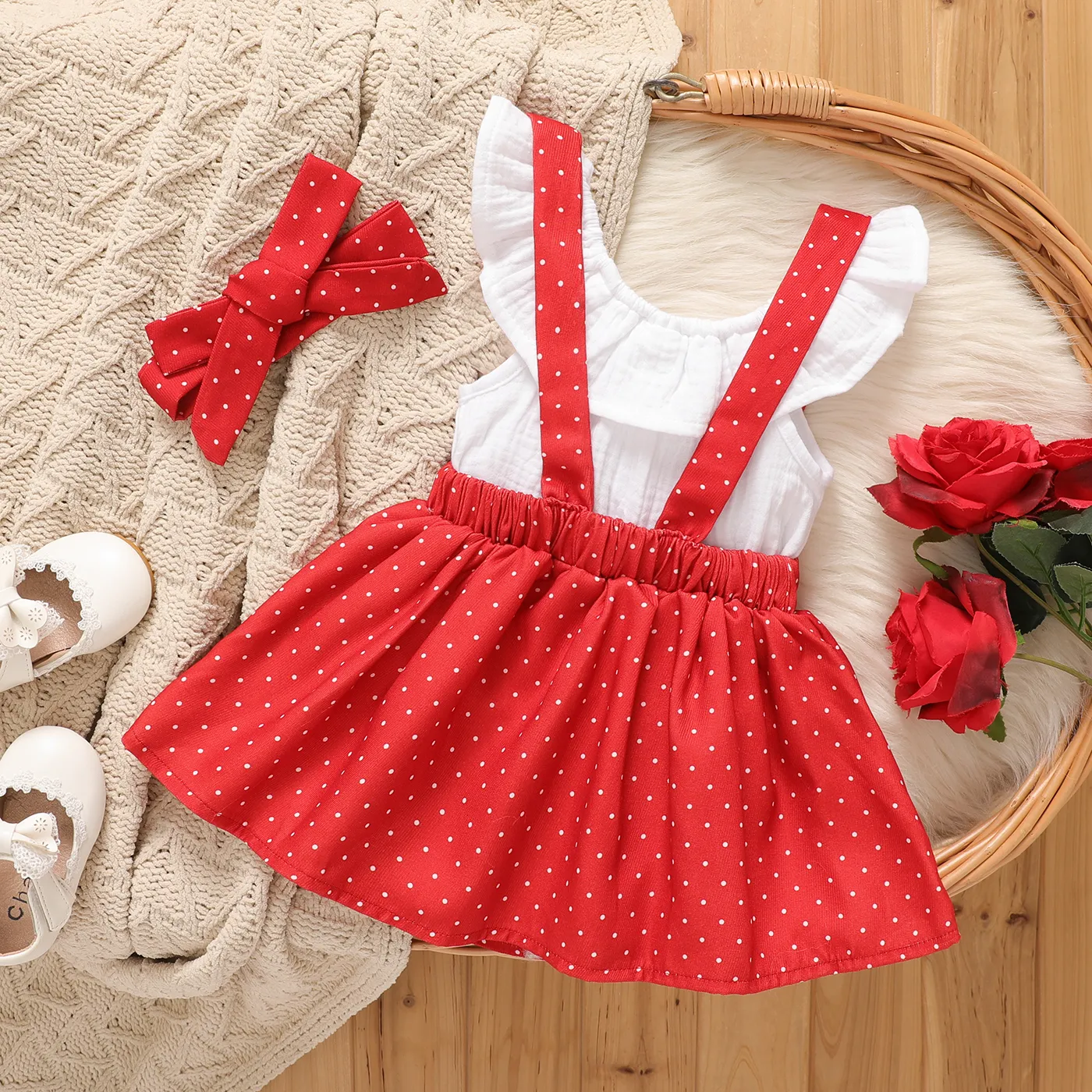 3pcs Baby Girl 100% Cotton Ruffled Tank Top & Dots Suspender Skirt & Headband Set   image 3