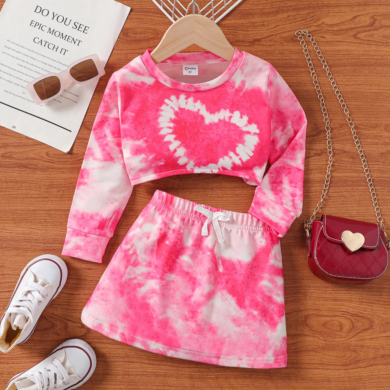 2pcs Toddler Girl Heart Print Tie Dye Long-sleeve Top and Skirt Set big image 1
