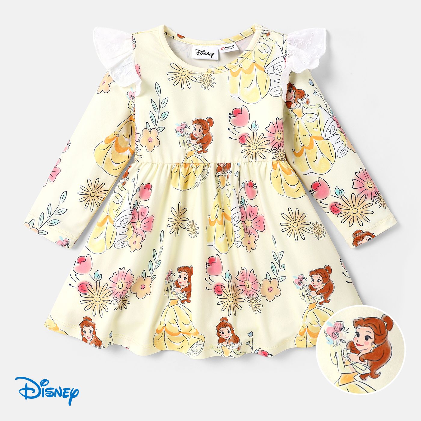 Disney Princess Baby Girl Floral & Character Print Ruffled Long-sleeve Dress