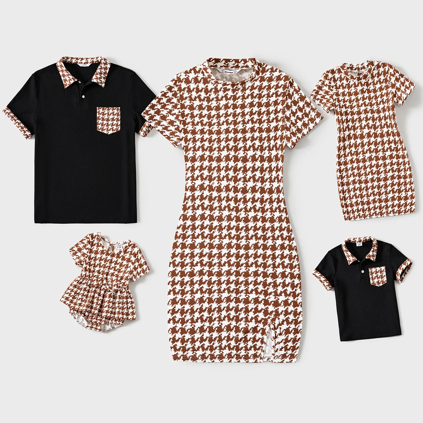Family Matching Allover Houndstooth Print Round Neck Dresses And Short Sleeve Shirts Sets