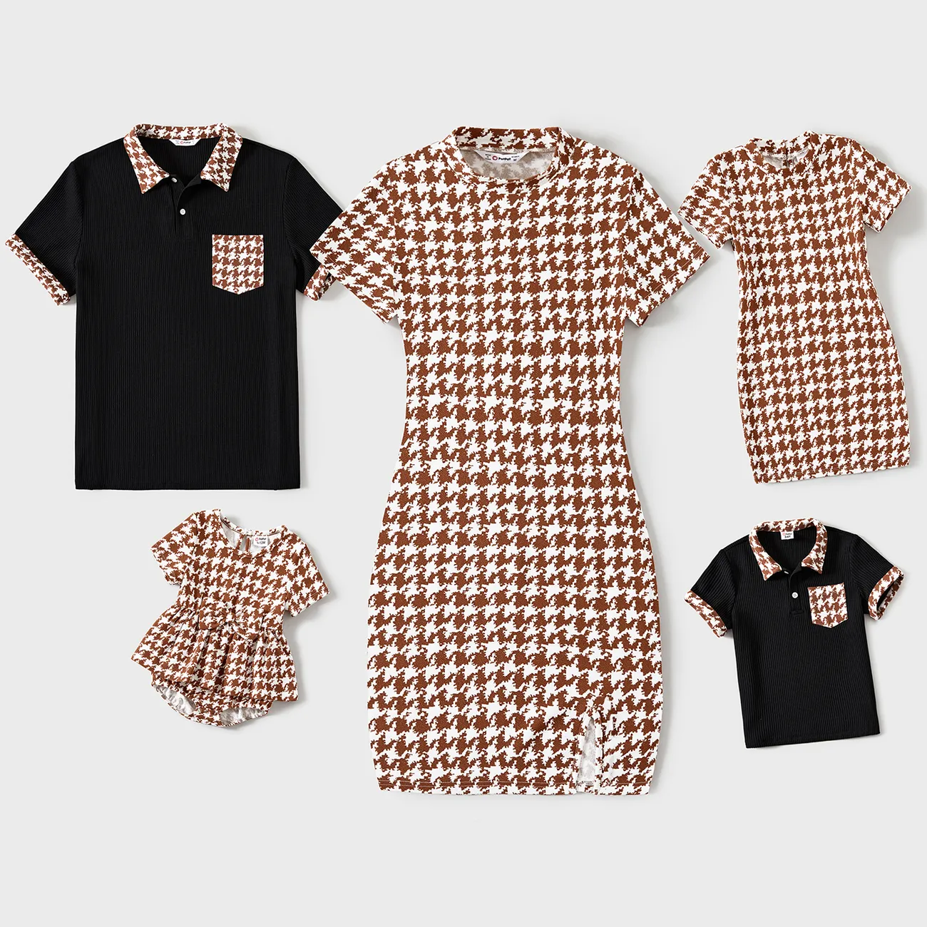 Family Matching Allover Houndstooth Print Round Neck Dresses And Short Sleeve Shirts Sets ColorBlock big image 1