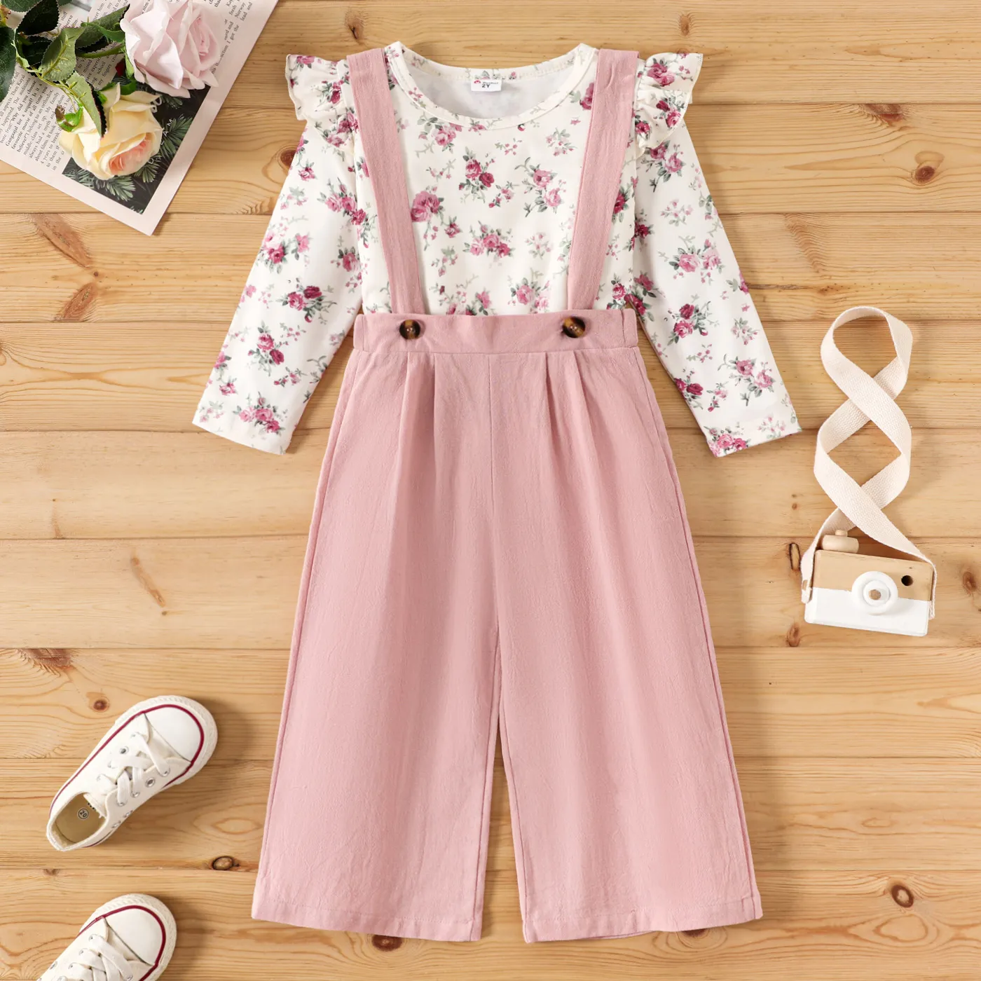 

2pcs Toddler Girl Allover Floral Print Ruffled Long-sleeve Top and Suspender Pants Set