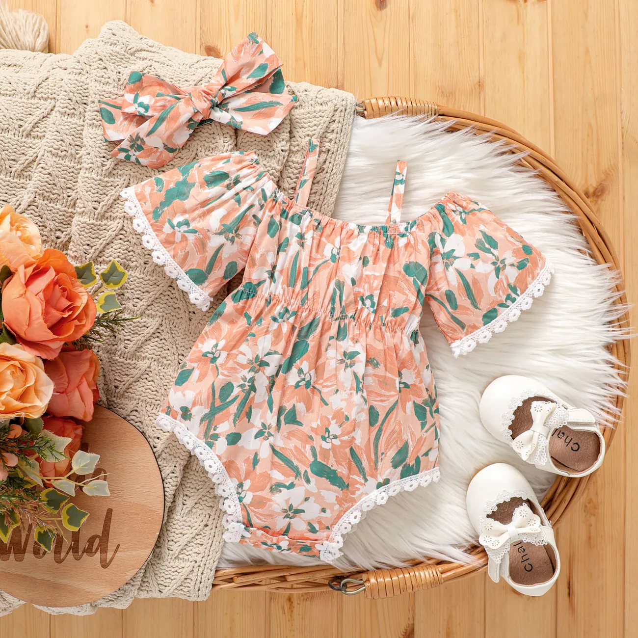 2pcs Baby Girl 100% Cotton Allover Floral Print Lace Short-sleeve Slip Bodysuit and Headband Set  big image 1
