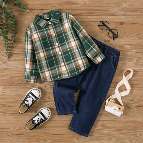 2pcs Toddler Boy Plaid Long-sleeve Shirt and Denim Jeans Set 