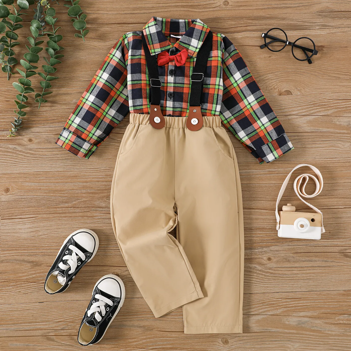 2pcs Toddler Boy Bow Tie Plaid Shirt and Suspender Pants Set 
