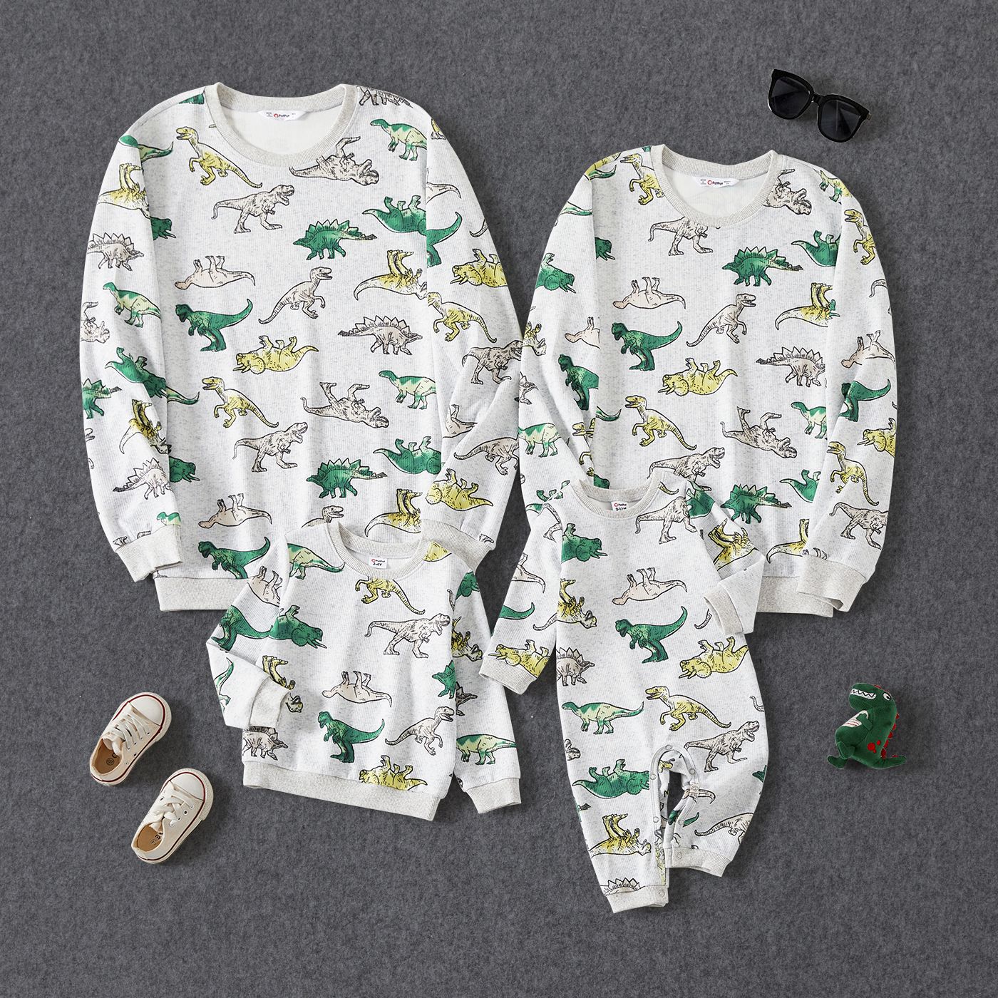 

Family Matching Long Sleeved Dinosaur-Print Cotton Tops