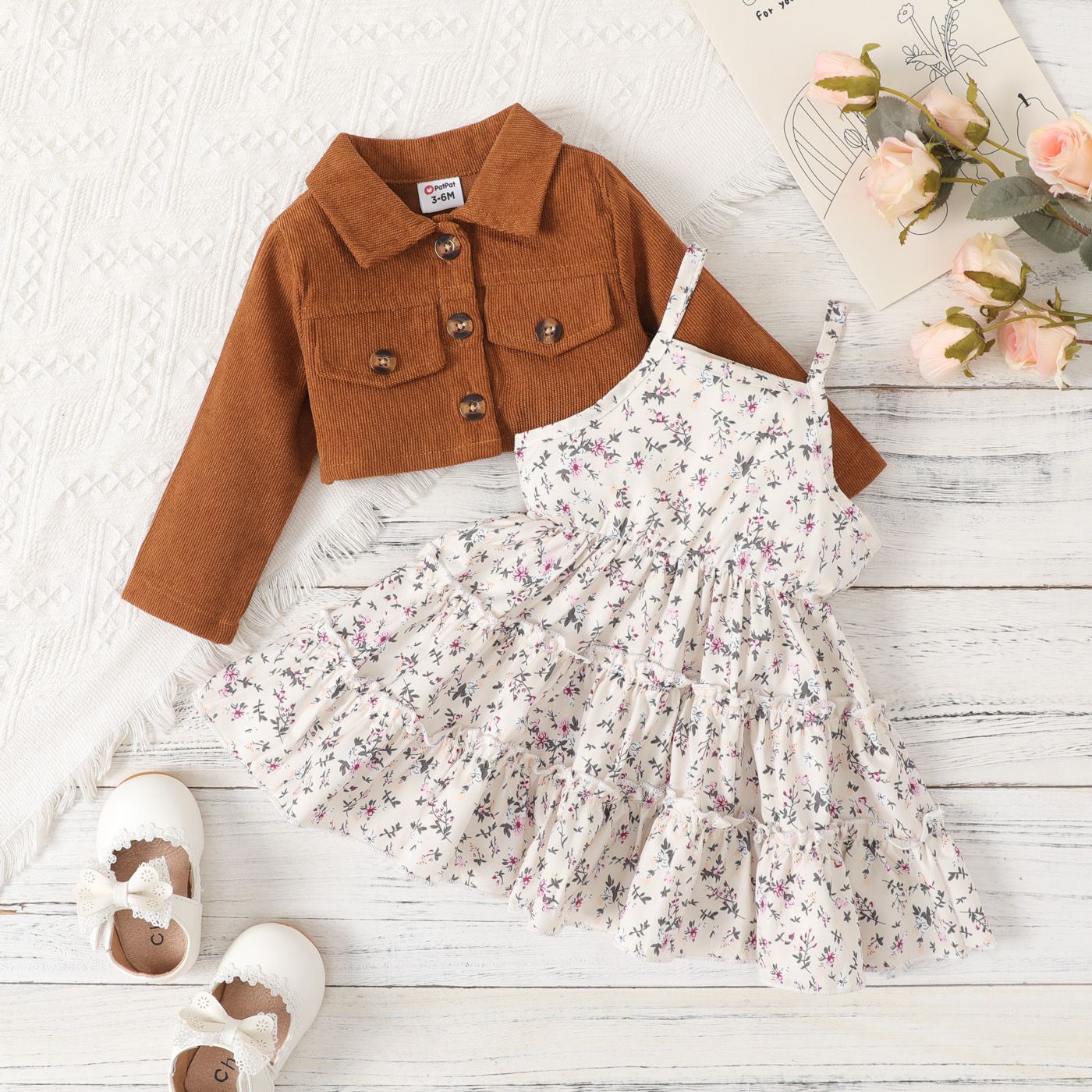 

2pcs Baby Girl Buttons Front Lapel Collar Long-sleeve Top and Allover Floral Print Ruffle Slip Dress Set