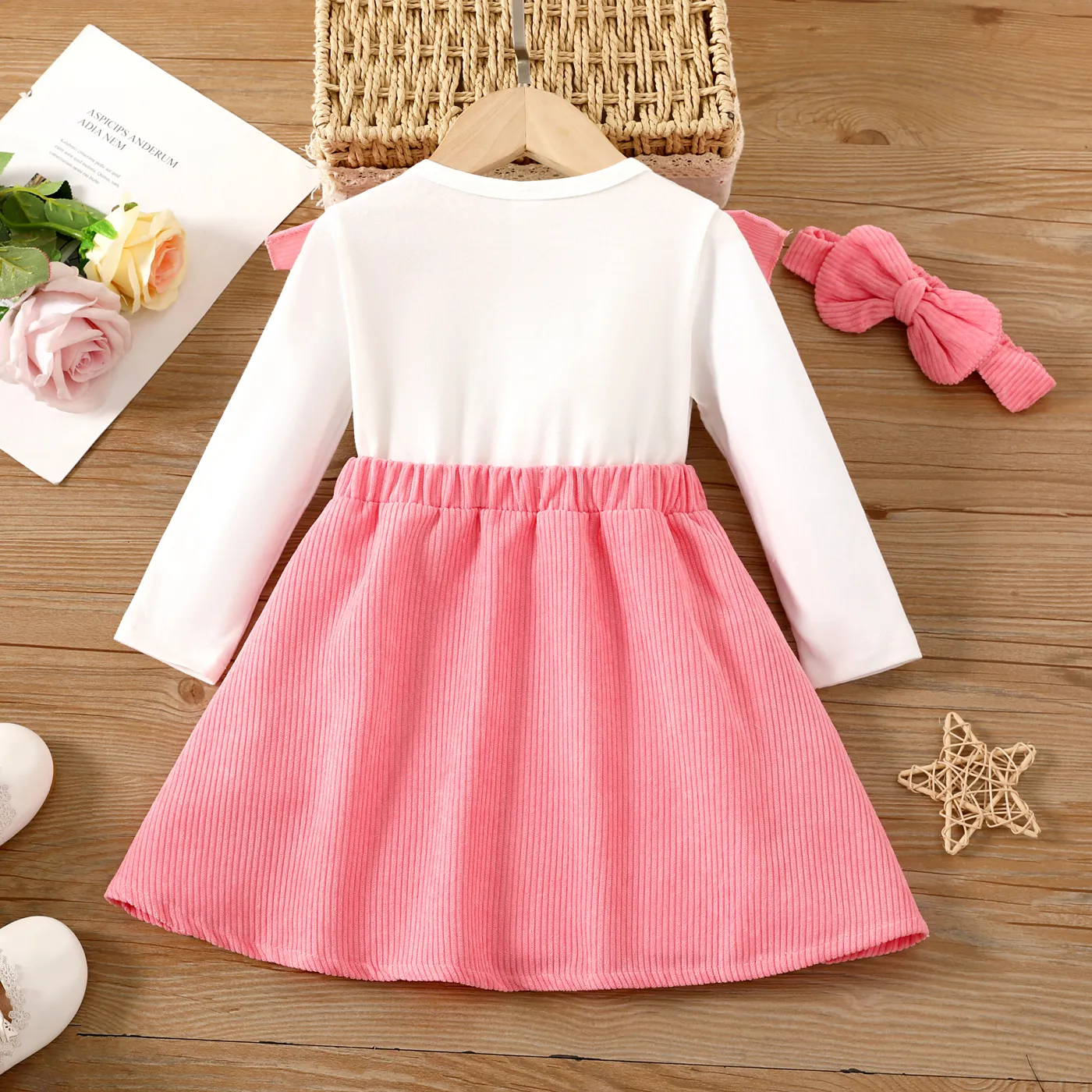 2pcs Toddler Girl 95% Cotton Elephant Graphic Ribbed Long-sleeve Dress and Headband Set Pink image 2