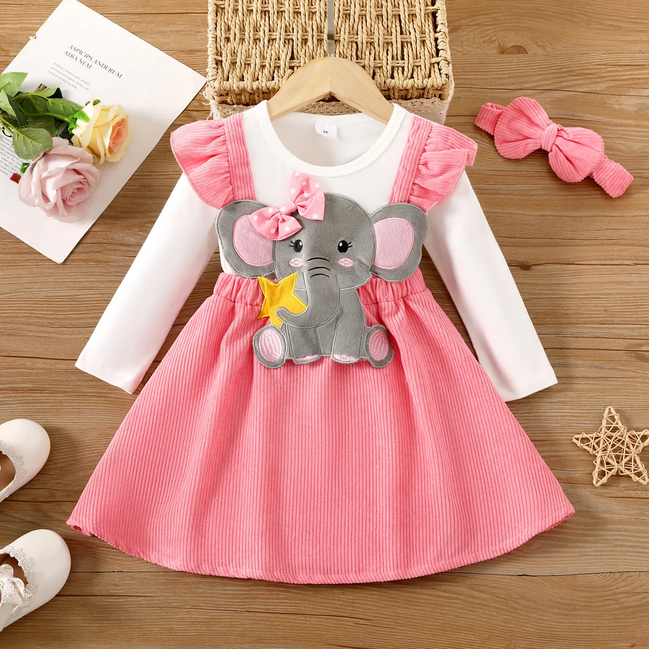 2pcs Toddler Girl 95% Cotton Elephant Graphic Ribbed Long-sleeve Dress and Headband Set Pink big image 1