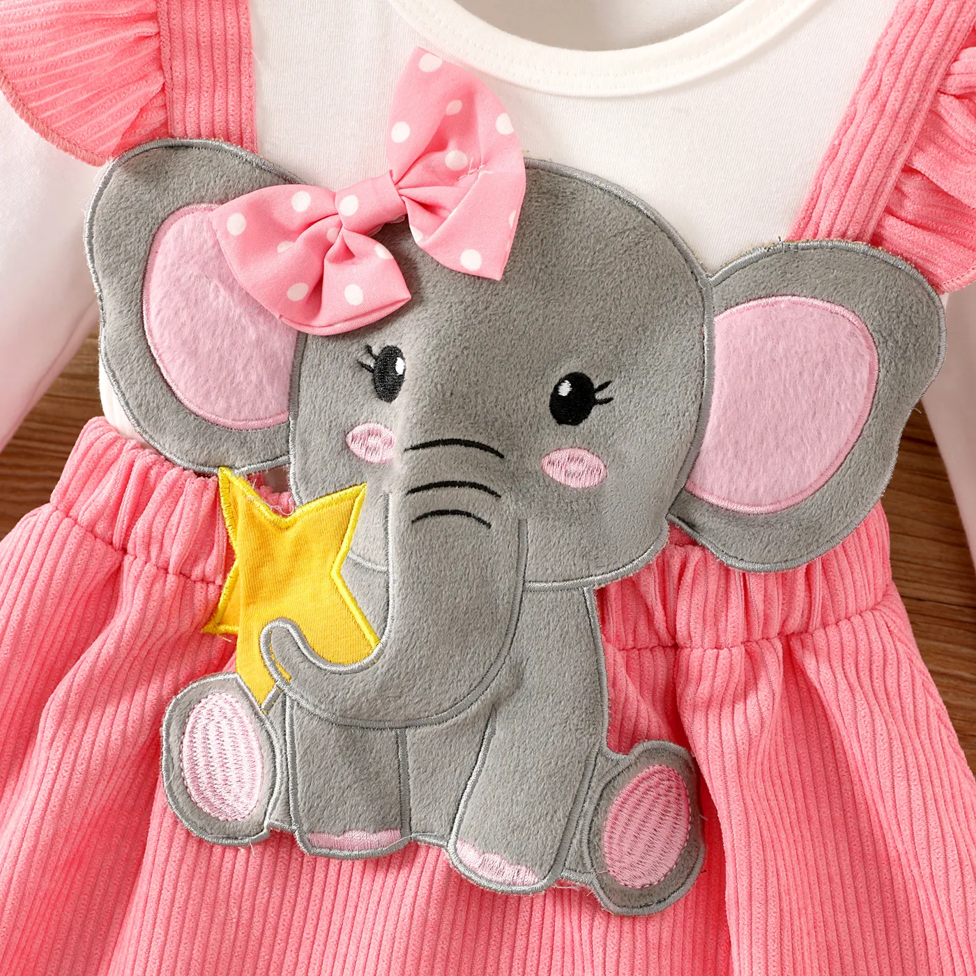 2pcs Toddler Girl 95% Cotton Elephant Graphic Ribbed Long-sleeve Dress and Headband Set Pink image 4