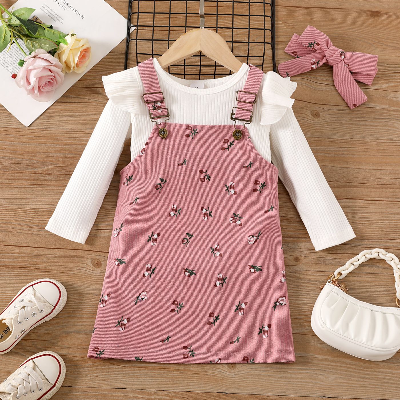 

2pcs Toddler Girl Rib-knit Ruffled Long-sleeve Top and Floral Print Overall Dress Set