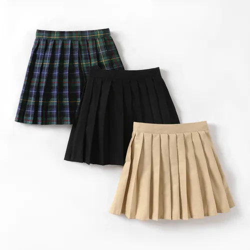 Kid Girl School Uniform Plaid / Solid Pleated Skort