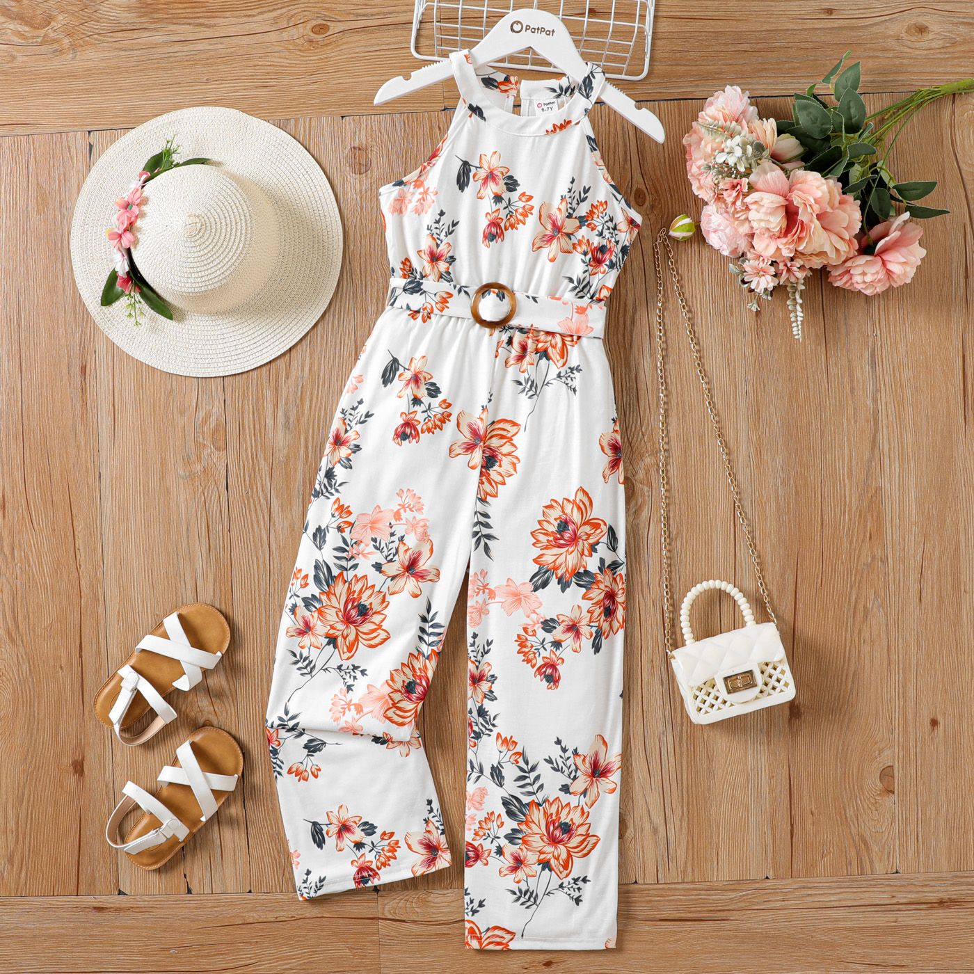 

Kid Girl Allover Floral Print Belted Halter Jumpsuit