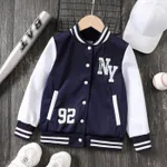 Kid Boy/Girl Letters Embroidery Buttons Front Long-sleeve Varsity Jacket Deep Blue