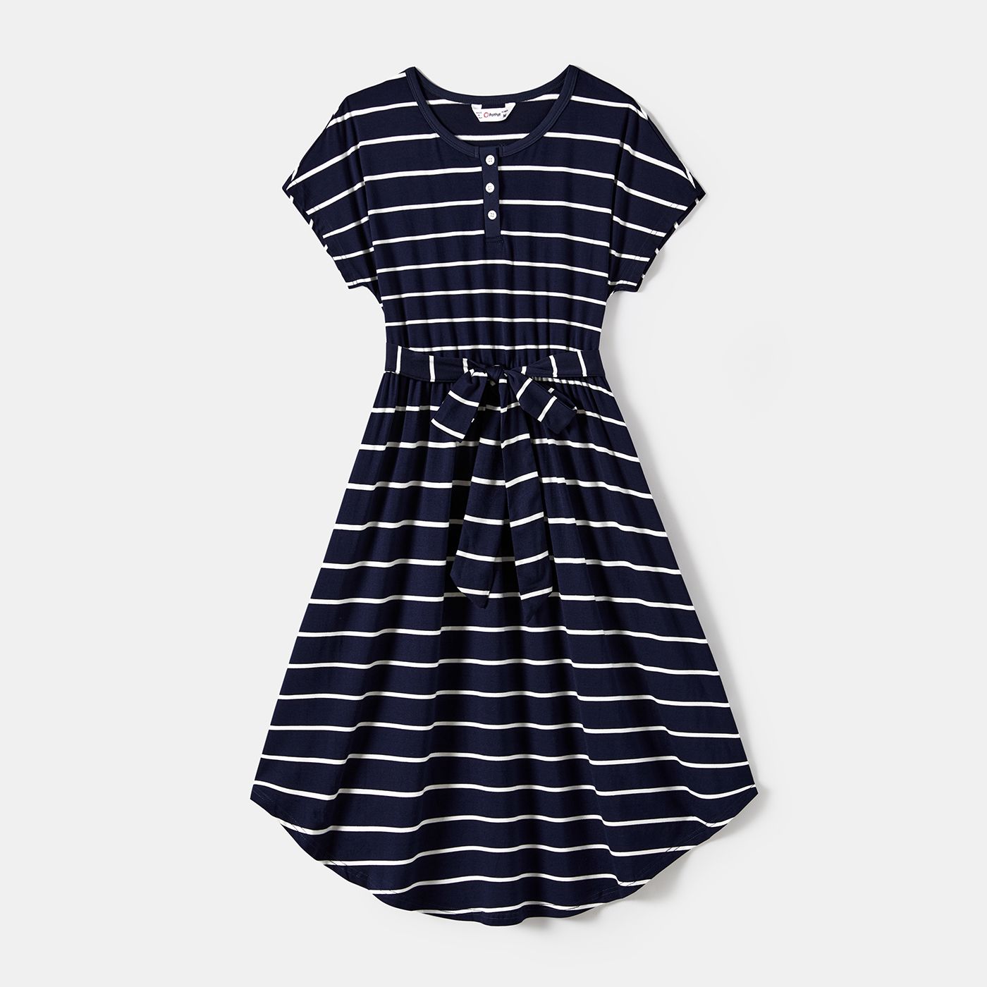 

Family Matching Stripe Curved Hem Belted Henley Dresses and T-shirts Sets