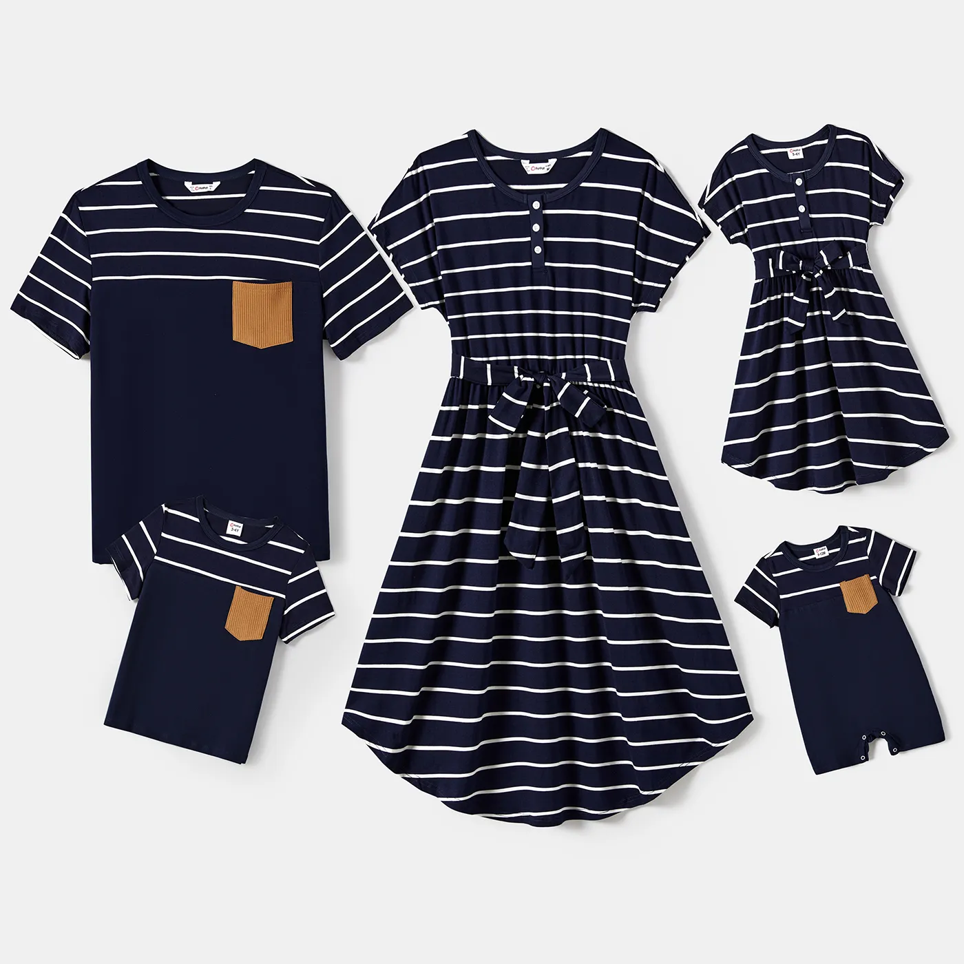 Family Matching Stripe Curved Hem Belted Henley Dresses And T-shirts Sets