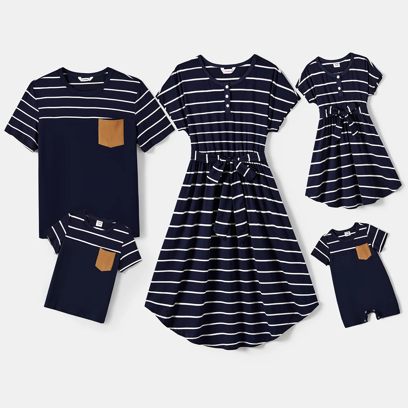 Family Matching Stripe Curved Hem Belted Henley Dresses and T-shirts Sets  image 2